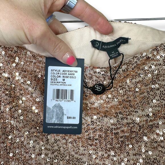 Adrianna Papell NWT Rose Gold Sequin High Waist Pull-On Pencil Midi Skirt Medium - Picture 4 of 7